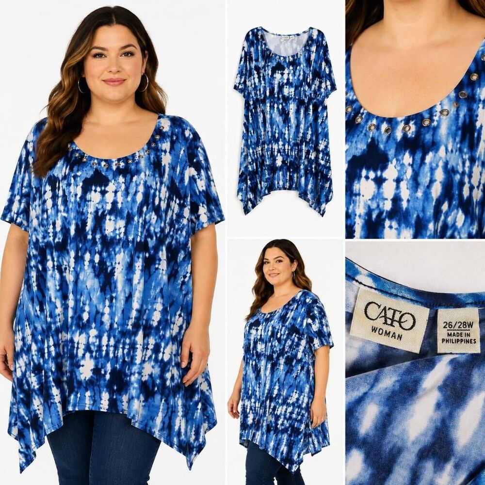 Cato Woman 26/28W Blue Tie Dye Sharkbite Tunic Top